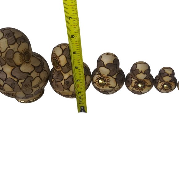 VTG MATRYOSHKA Gold Hand Painted Wood Burned Russian Nesting Dolls Set of 9 - Picture 9 of 12